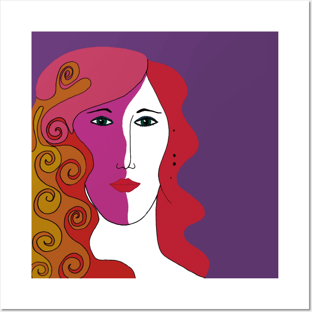 Woman's Face with Red, Pink and Orange Colored Hair Wall Art by karenmcfarland13